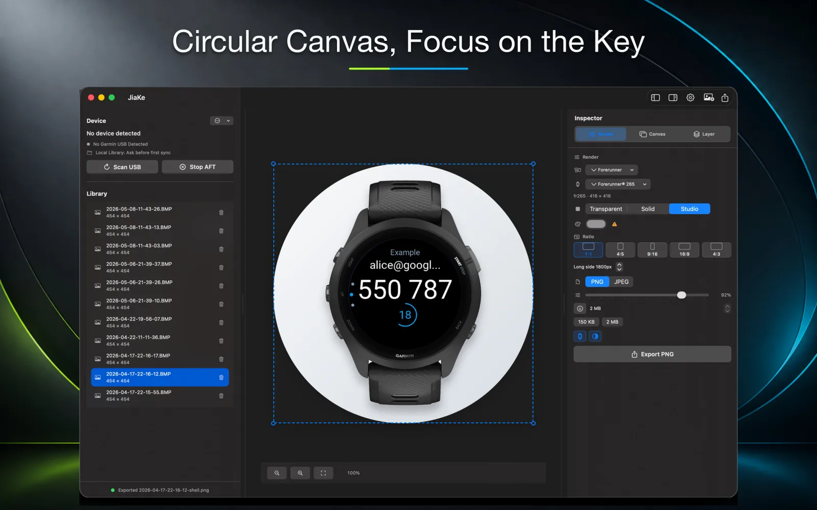 JiaKe round canvas export with a Garmin watch face screenshot mockup