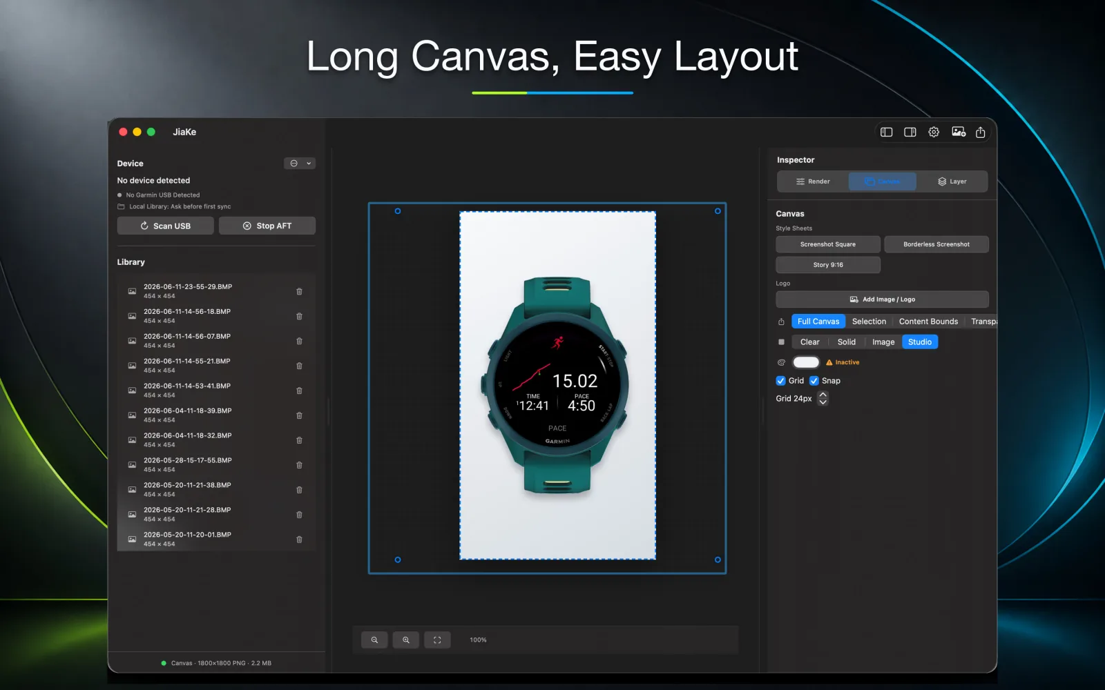 JiaKe long canvas export for Garmin watch screenshot marketing assets